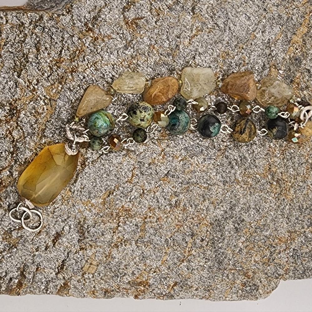 RAW CITRINE, AFRICAN TURQUOISE & CRYSTAL DANGLING HANDMADE BRACELET STERLING 6.5 - Picture 10 of 14
